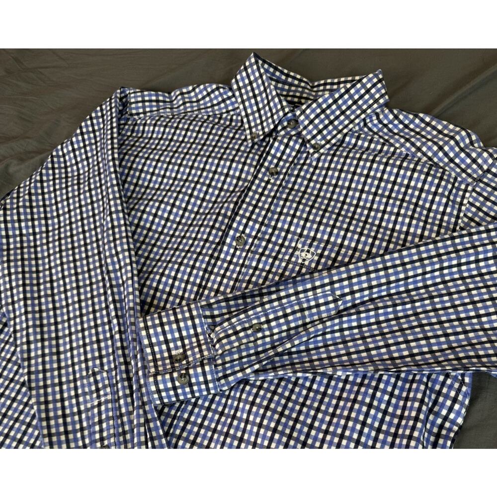 Ariat Pro Series Mens Medium Blue Gingham Button Down Vented Work Shirt L/S